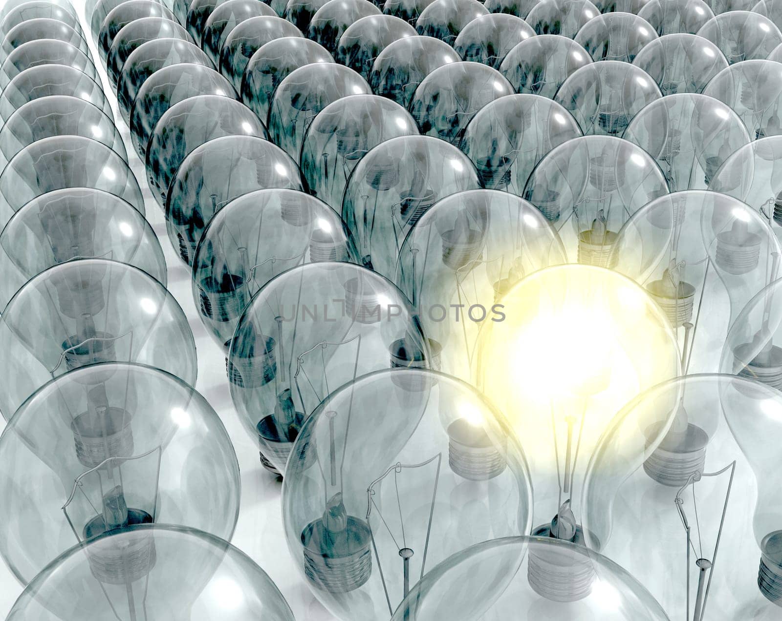3D render of lots of light bulbs with one illuminated