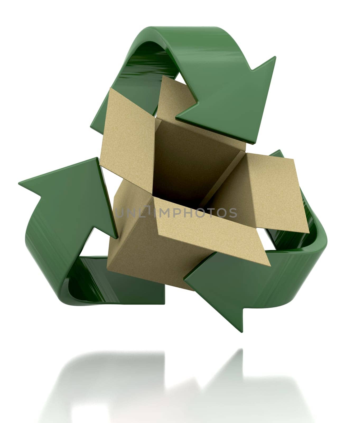 3d render of a recycle symbol and card box