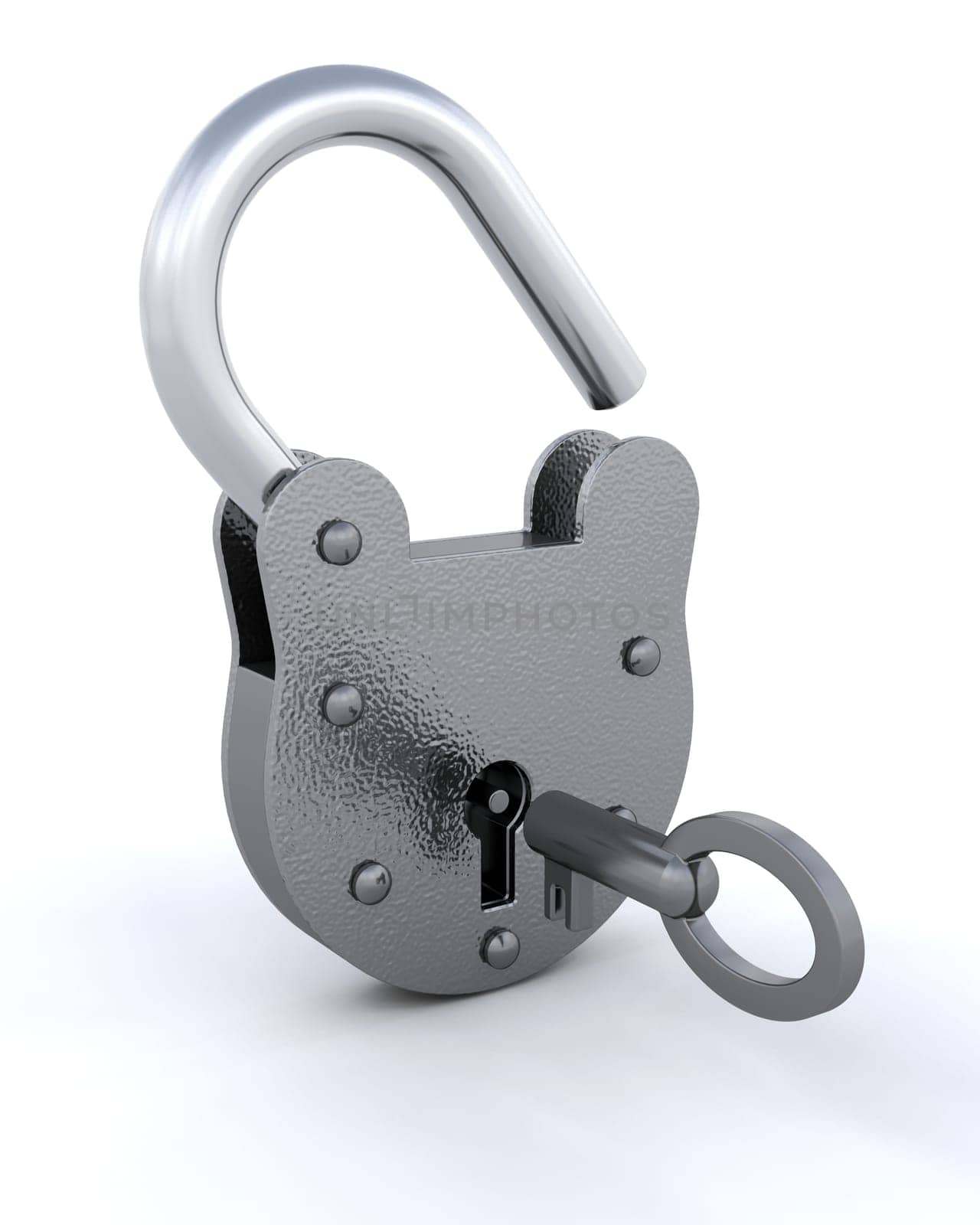3D Security padlock opened with a key - isolated
