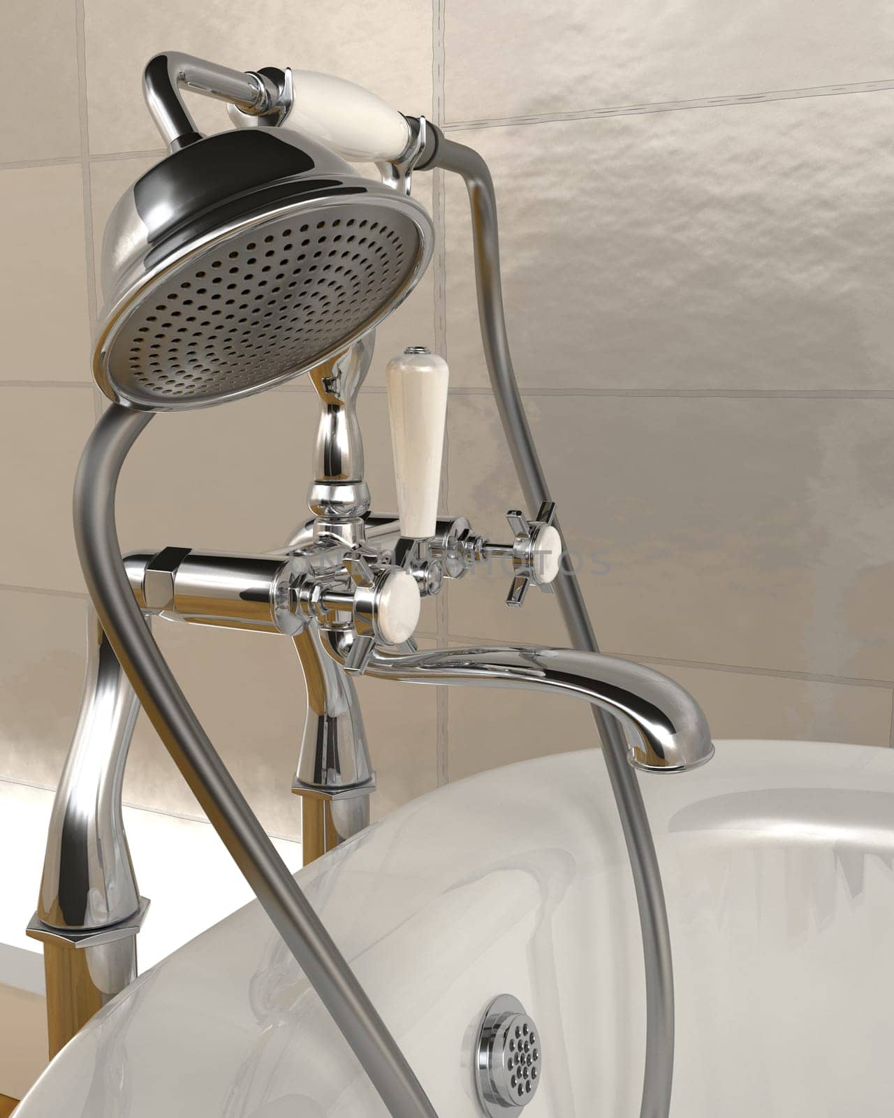 3d render of classic roll top bath and taps with shower attatchment  in contemporary  interior