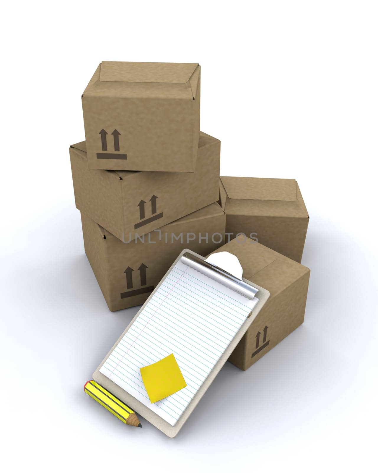 3D render of delivery boxes and clipboard