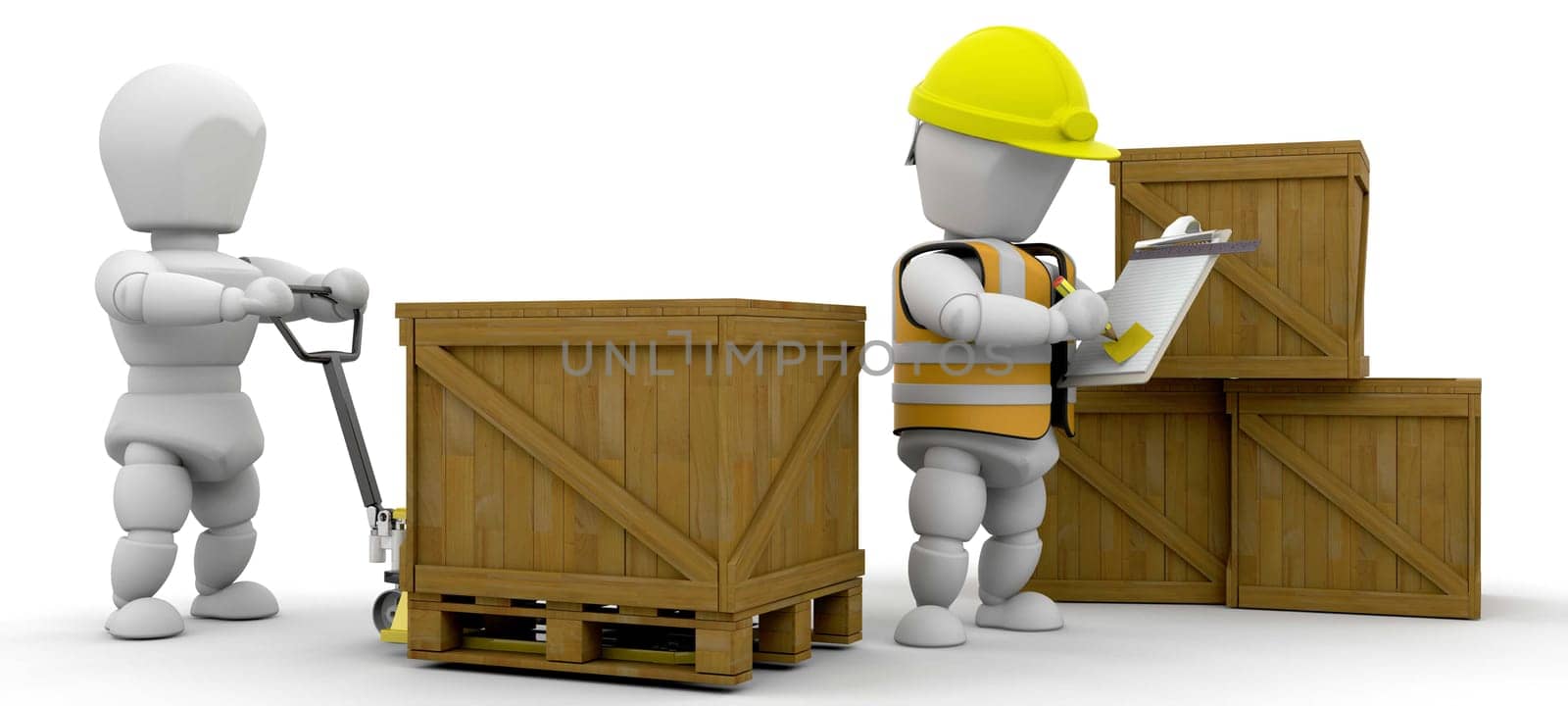 Workers stacking crates and checking them off on a clipboard