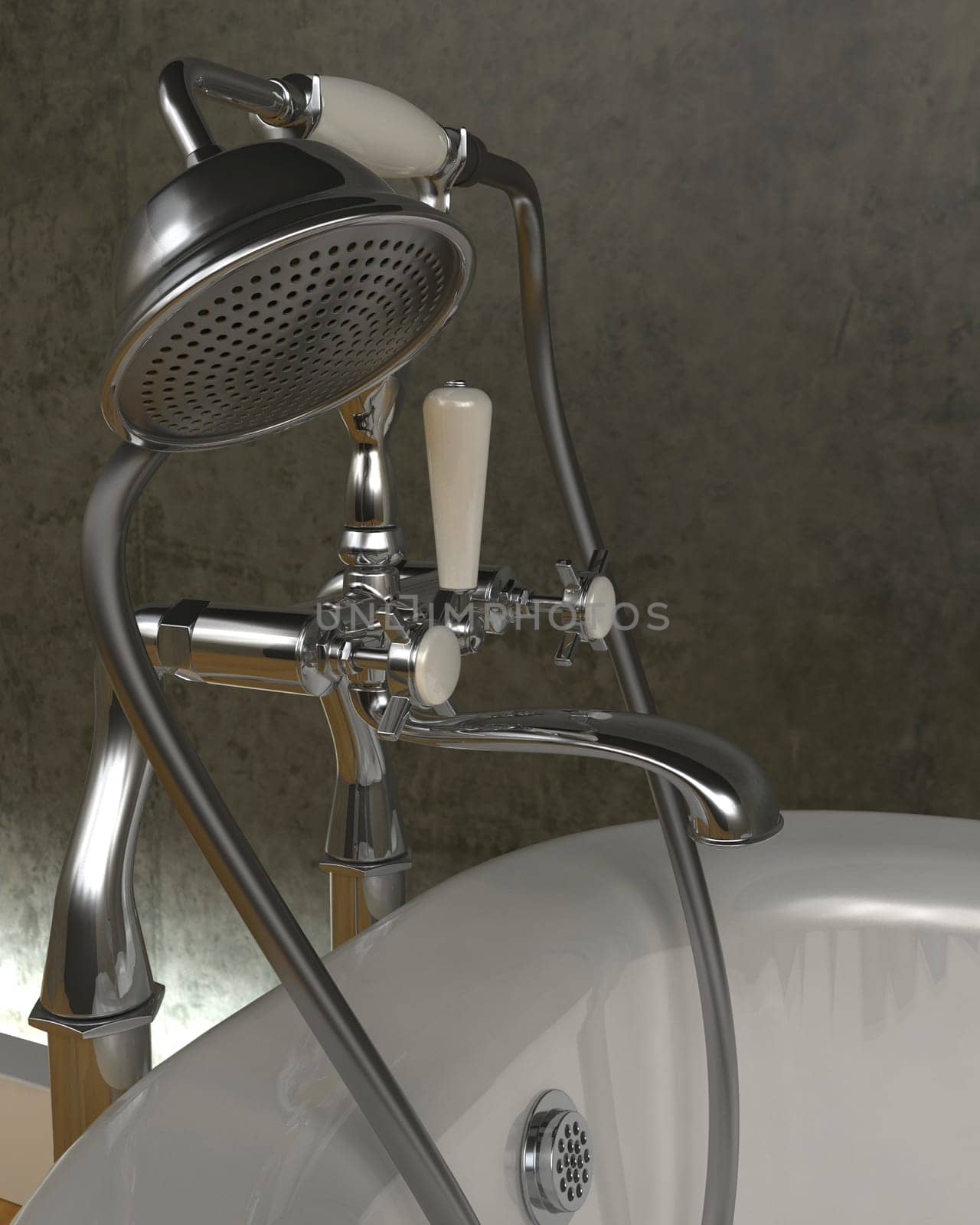 3d render of classic roll top bath and taps with shower attatchment  in contemporary  interior