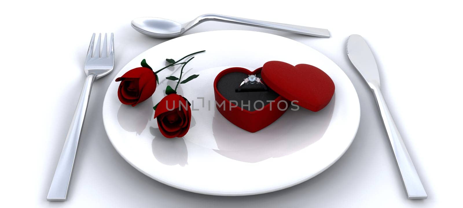 Place setting with red roses and engagment ring