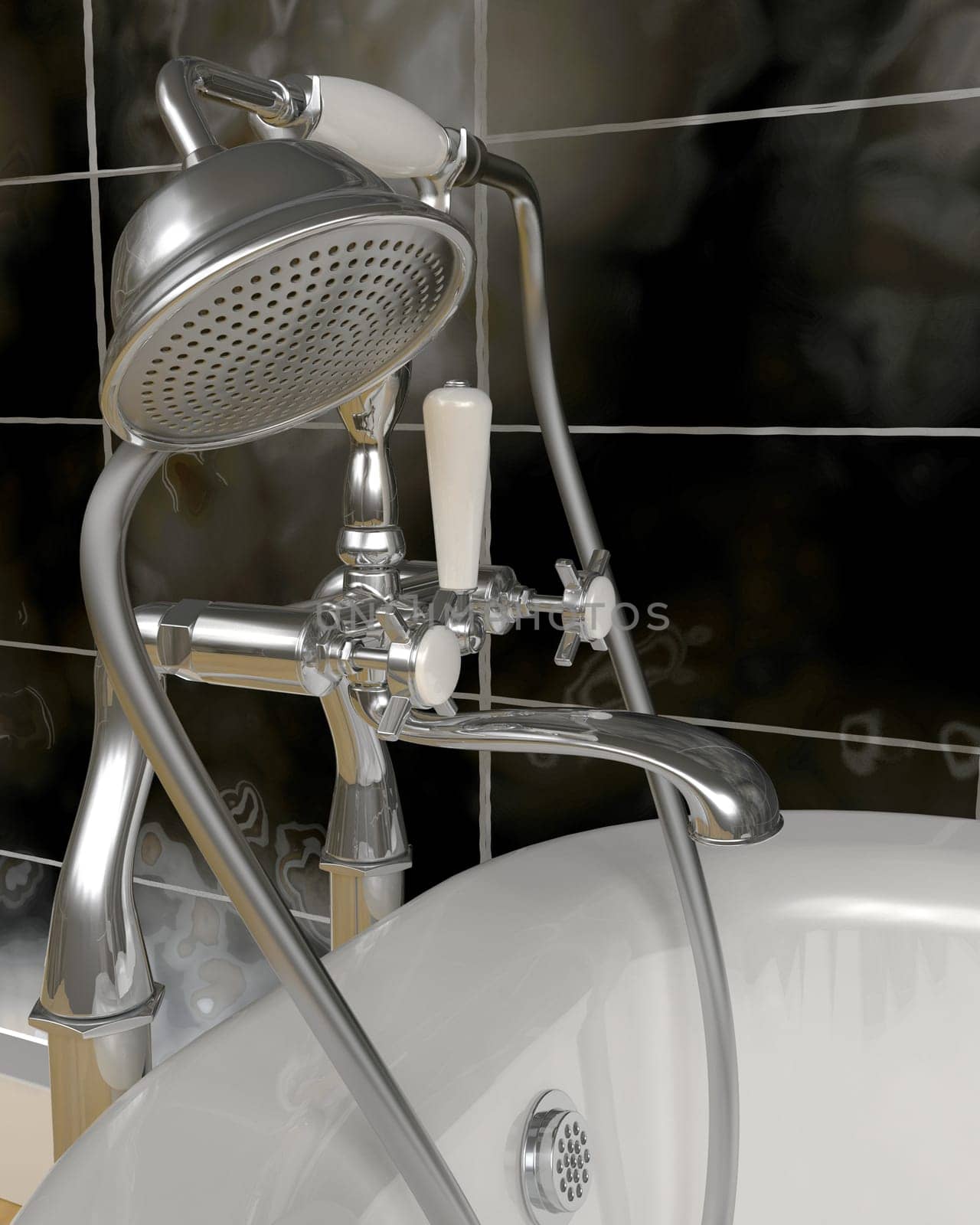 3d render of classic roll top bath and taps with shower attatchment  in contemporary  interior