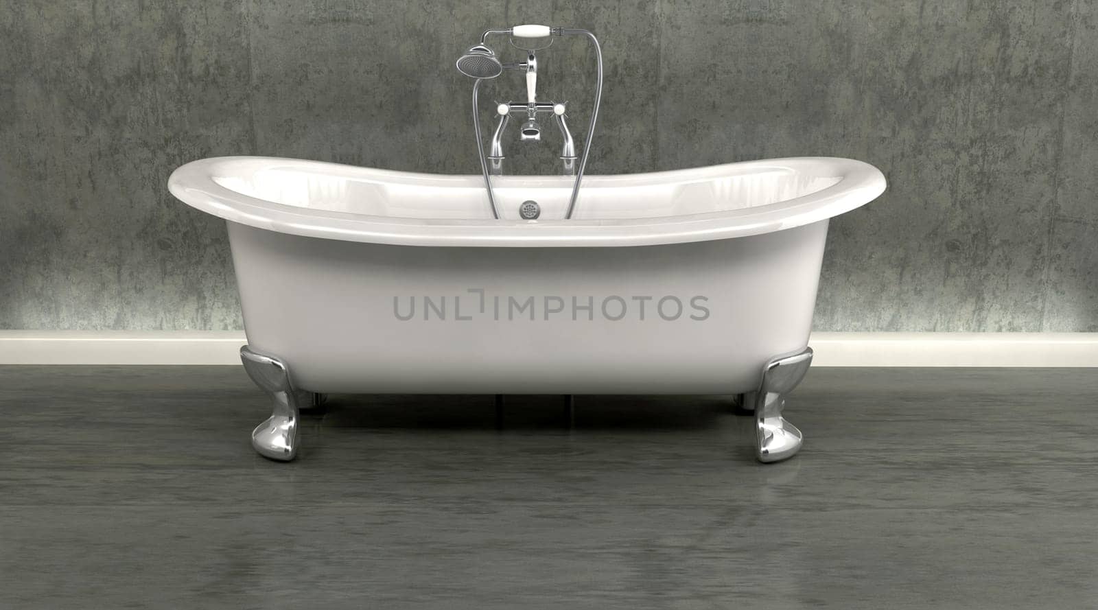 3d render of classic roll top bath and taps with shower attatchment  in contemporary  interior