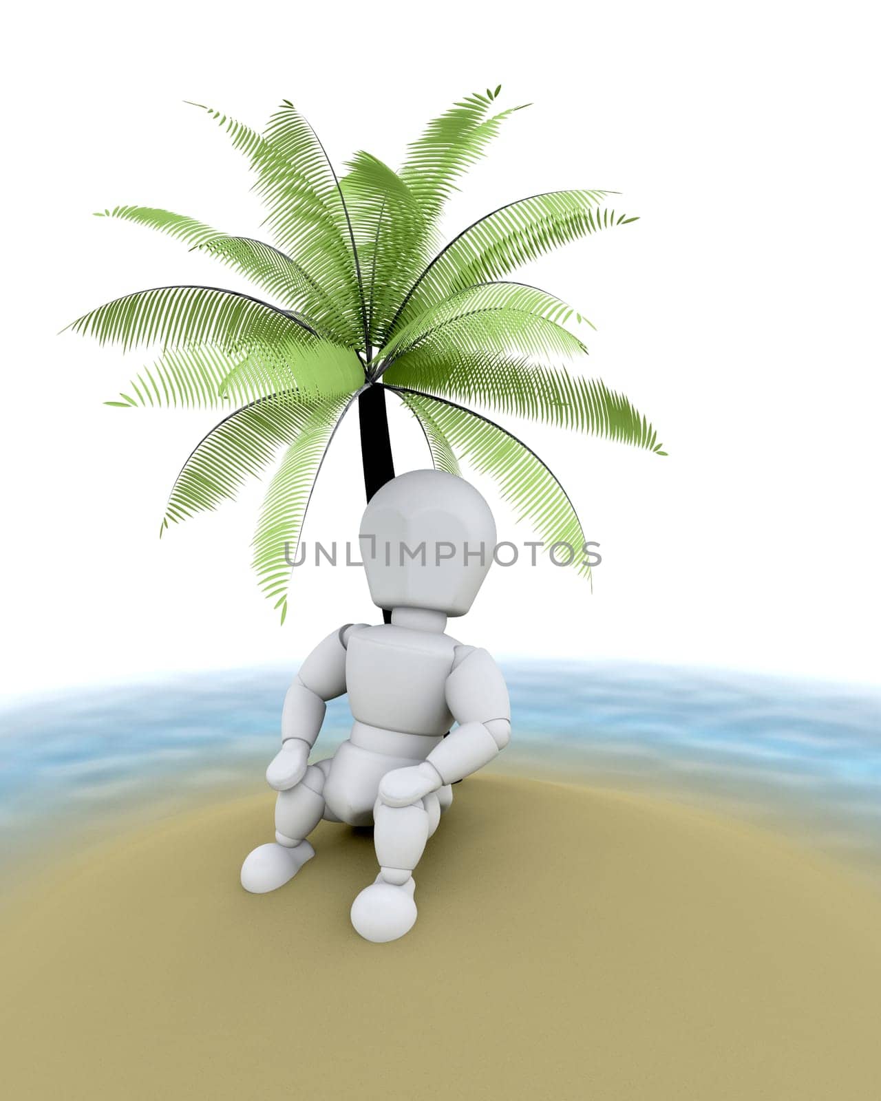 3d render of man on an island under a palm tree