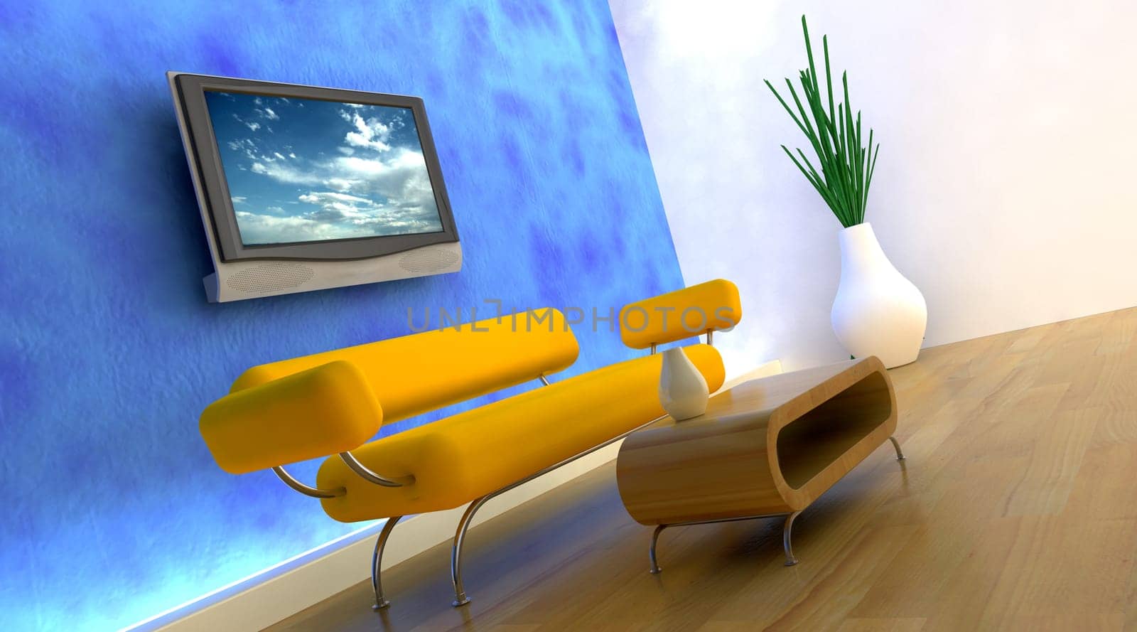 3d render of sofa and television on the wall