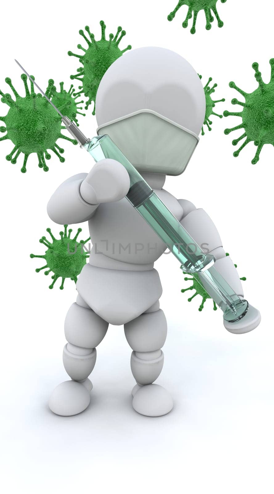 3d render of a man with a syringe surrounded by bacteria