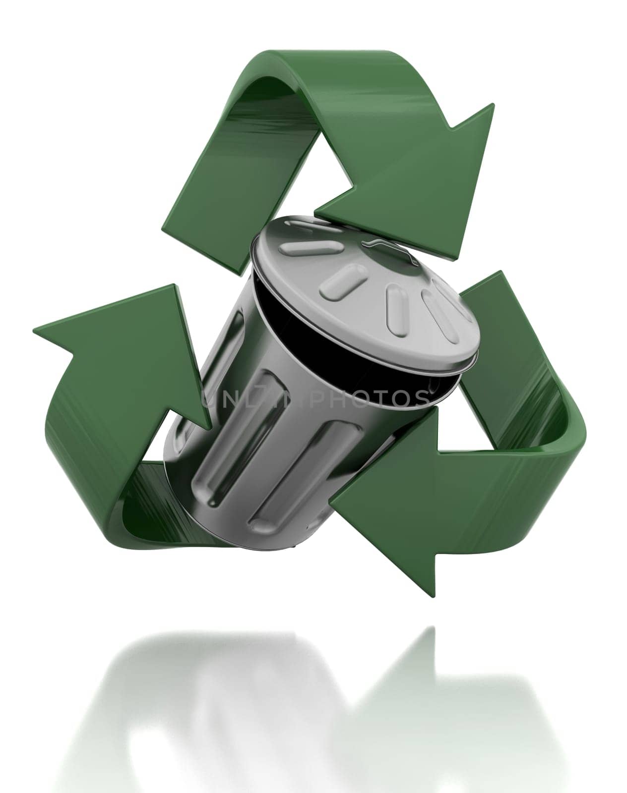 Trash can in a recycling symbol