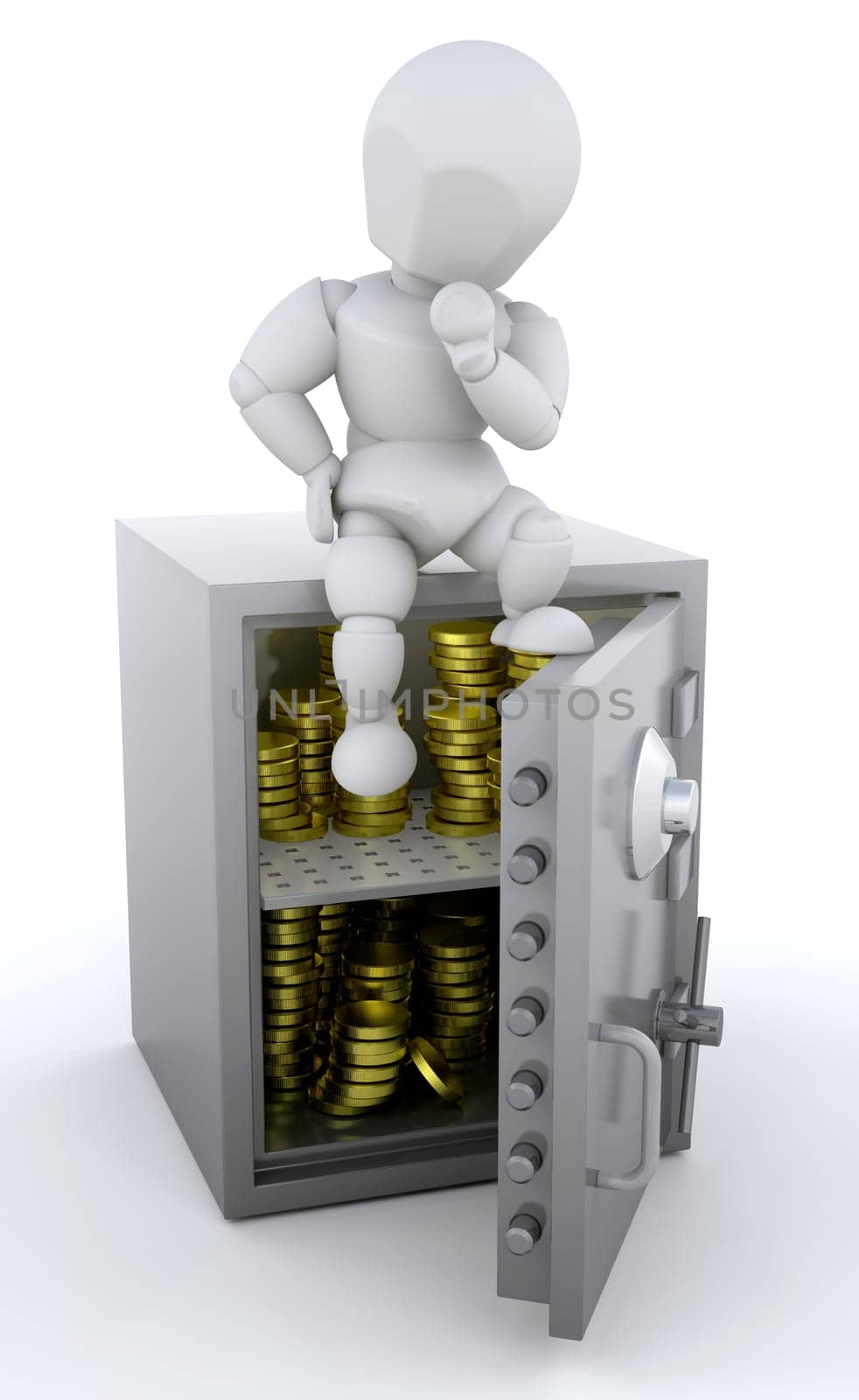 3d render of a person sat a safe full of gold coins