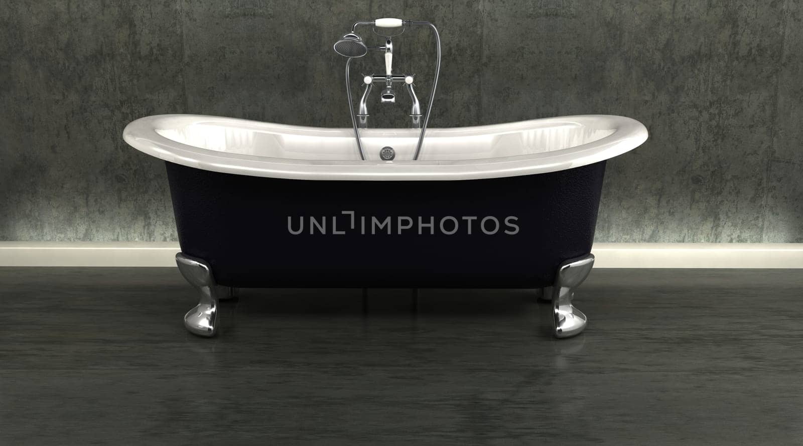 3d render of classic roll top bath and taps with shower attatchment  in contemporary  interior