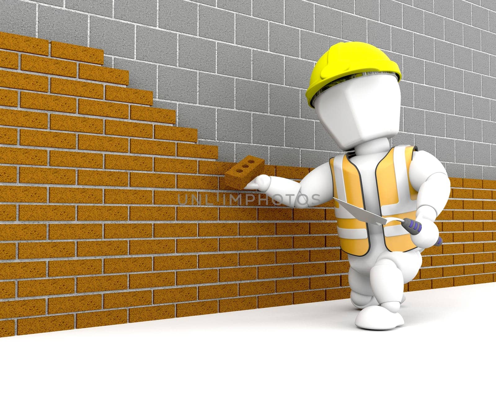 3D render of a person buildinga  brick wall