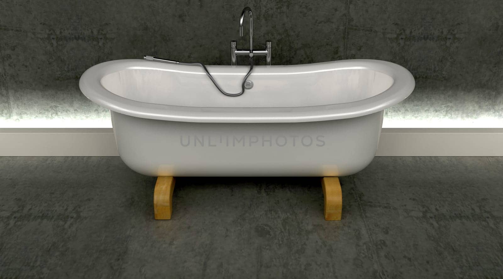 3d render of classic roll top bath and taps with shower attatchment  in contemporary  interior