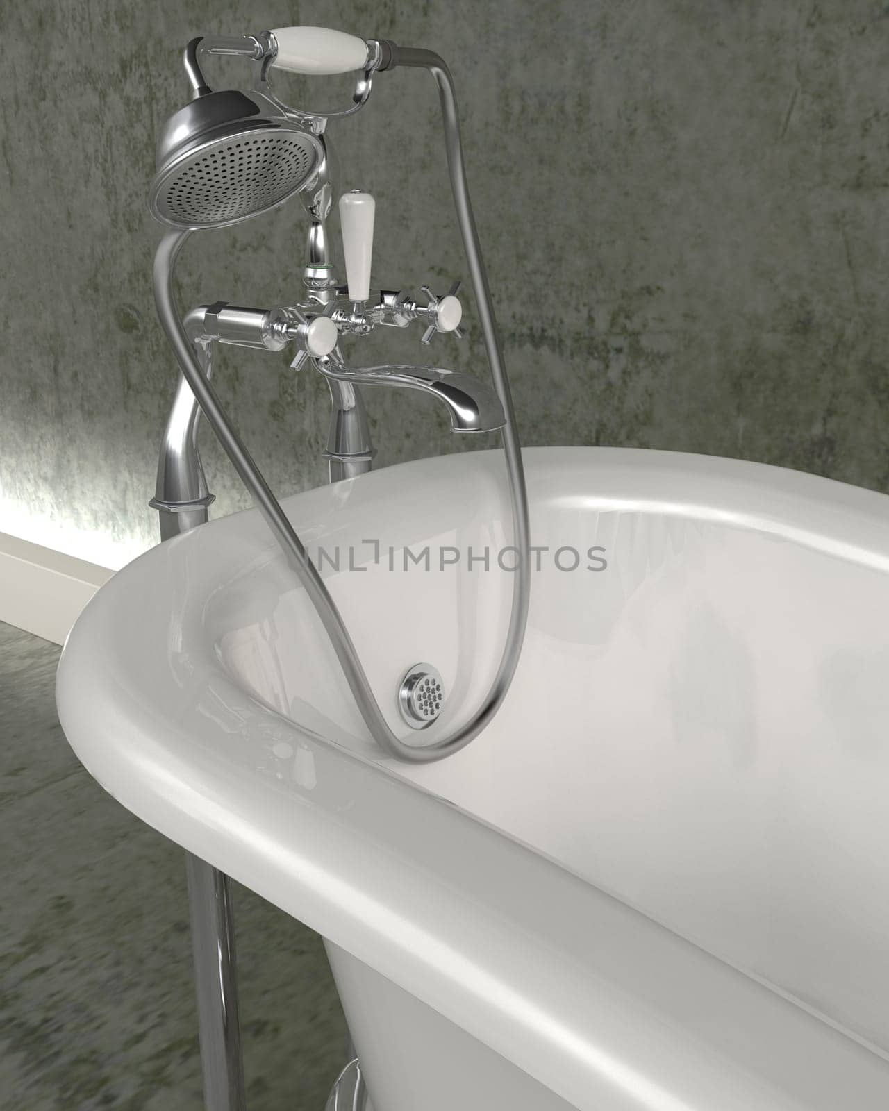 3d render of classic roll top bath and taps