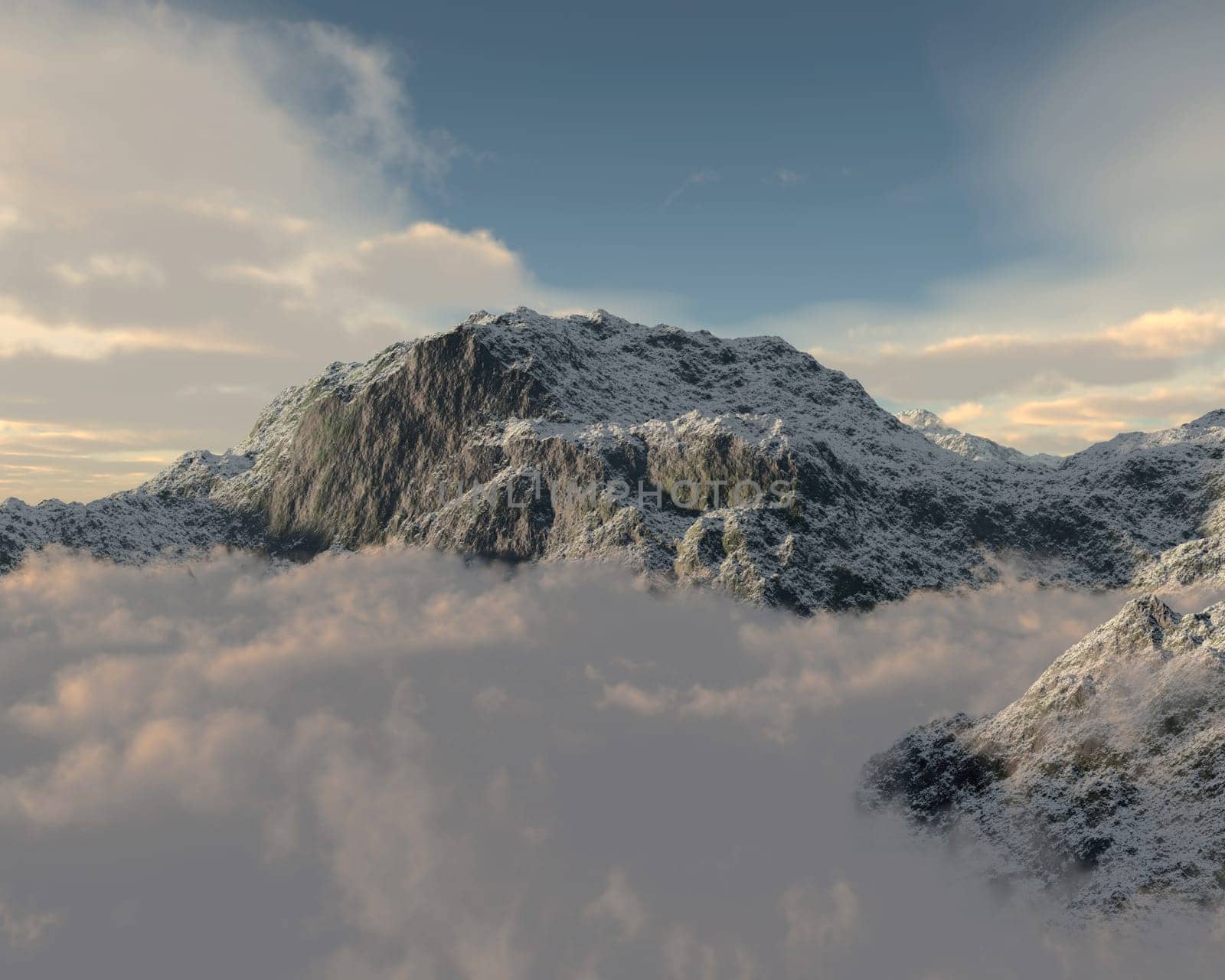 3d render of a mountain peaking through cloud layer