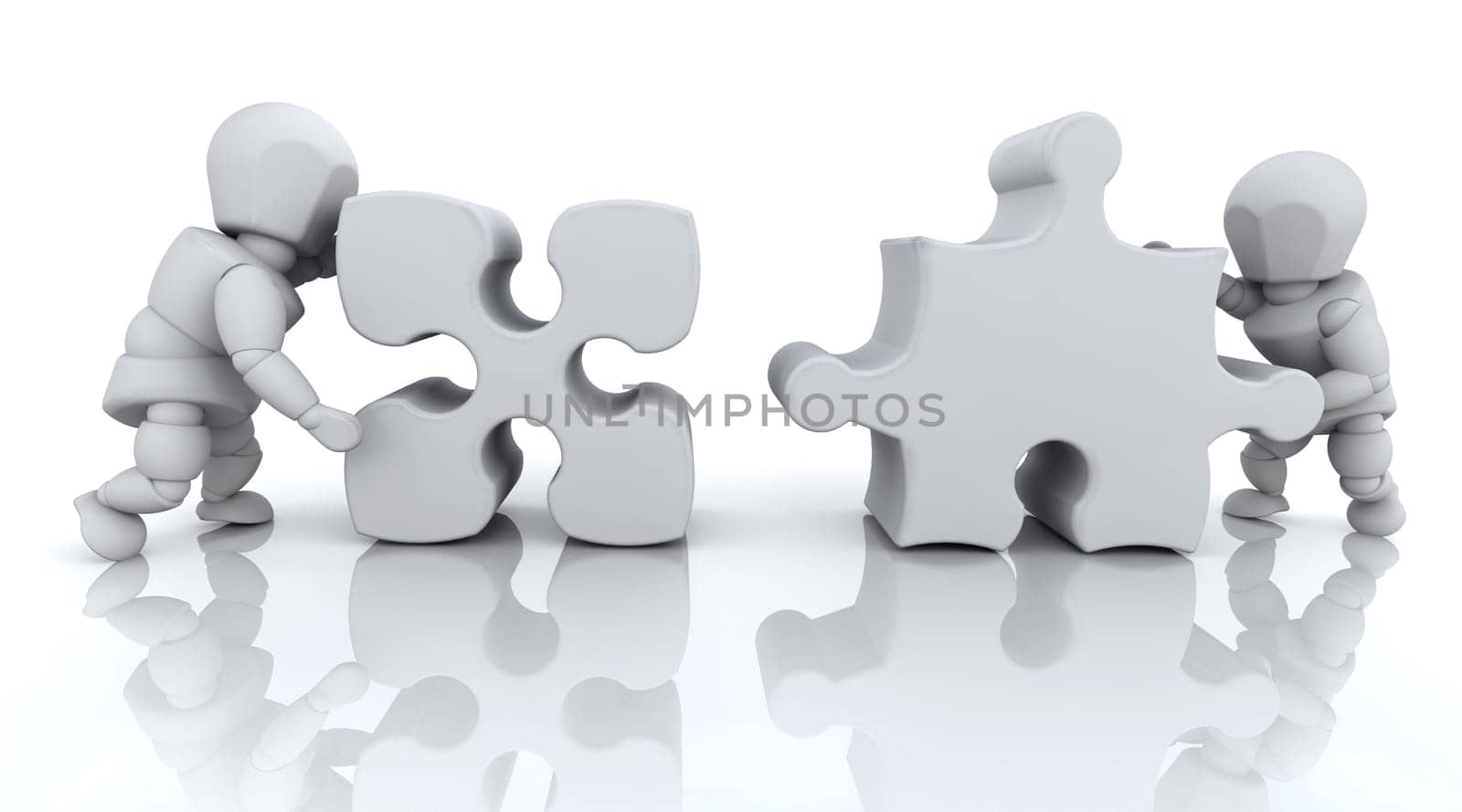 3D RENDER OF MAN SOLVING JIGSAW PUZZLE