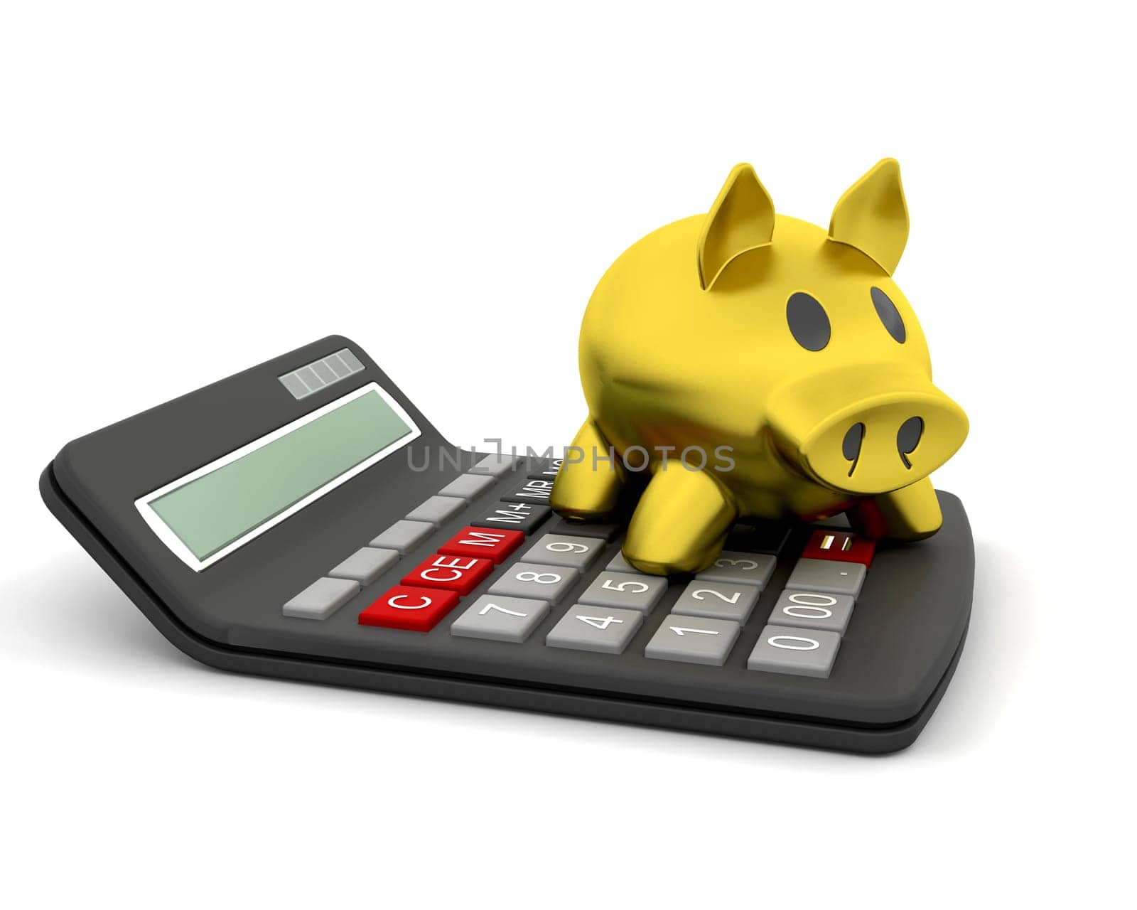 3D render of a piggy bank on a calculator