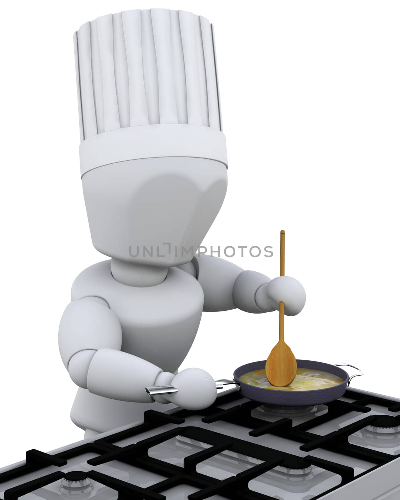 3d render of chef cooking in a pan on a stove