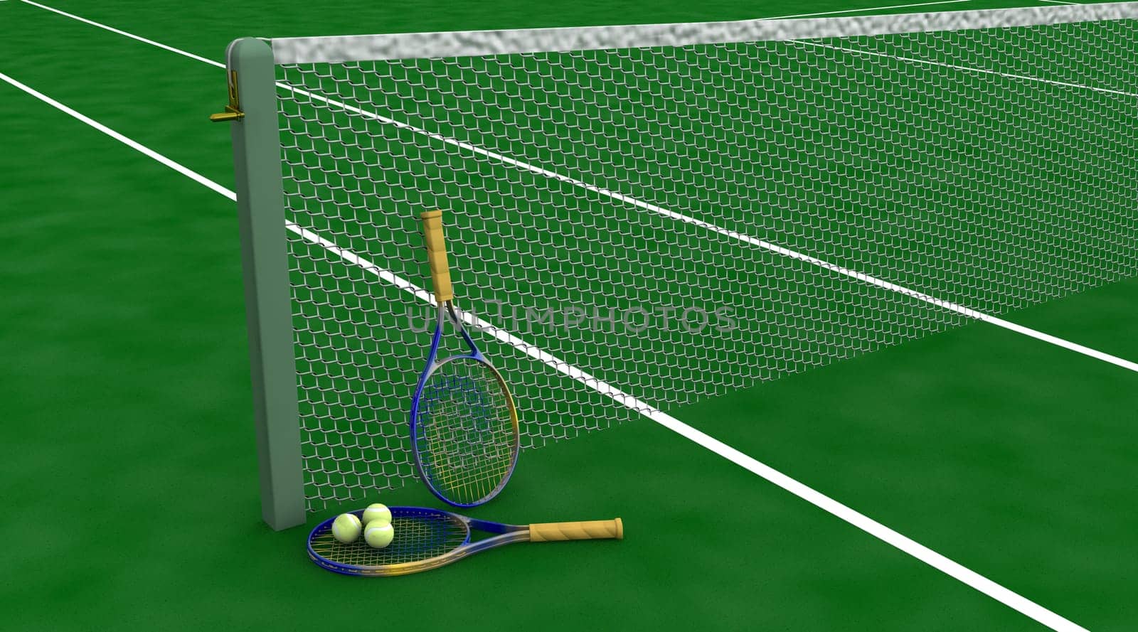 3d render of tennis racquet and balls