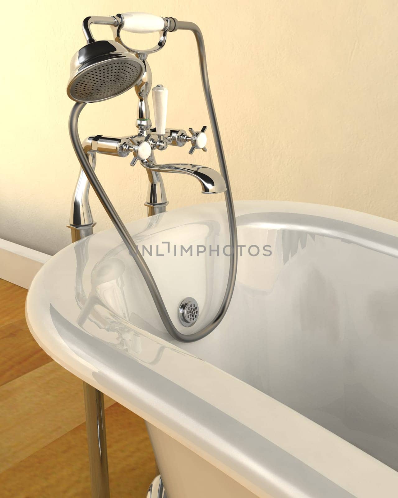 3d render of classic roll top bath and taps with shower attatchment  in contemporary interior