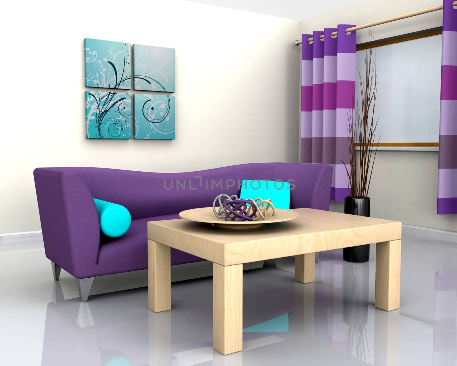 3D render of a contemporary interior and sofa