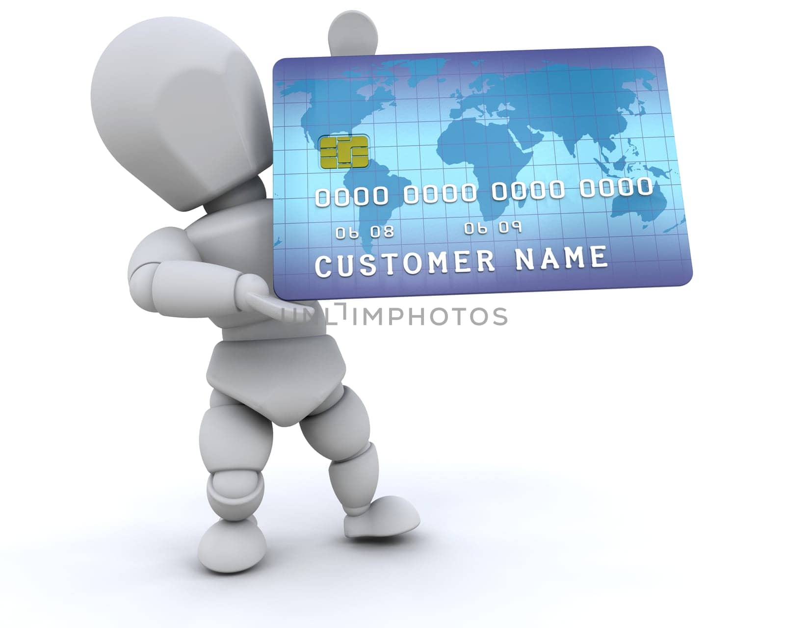 3D man holding a credit card isolated
