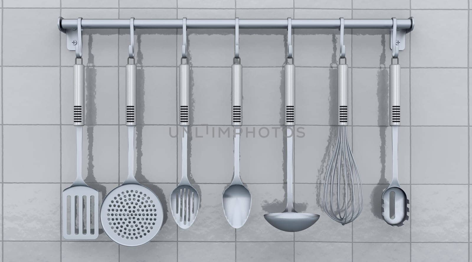3d render of kitchen utensils on a rack mounted on a tiled wall