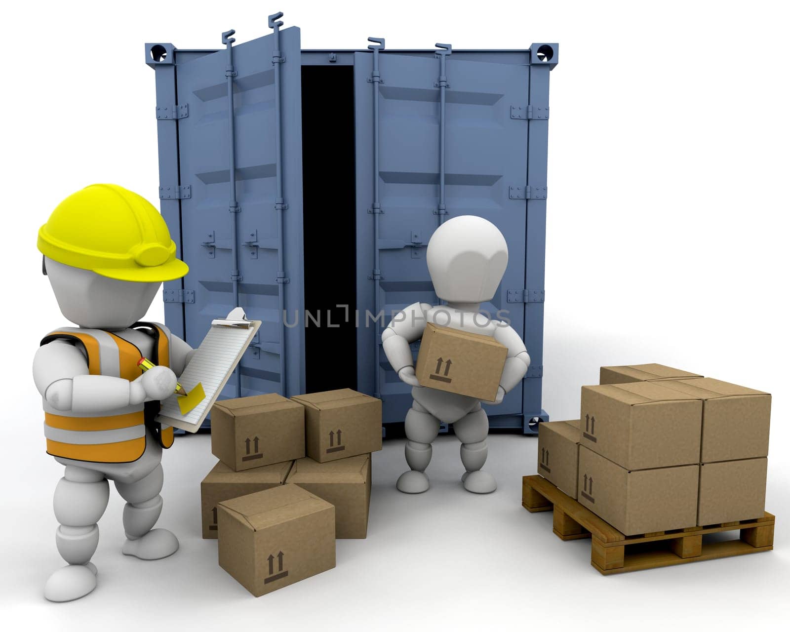 3D men handling materials into a bunker isolated