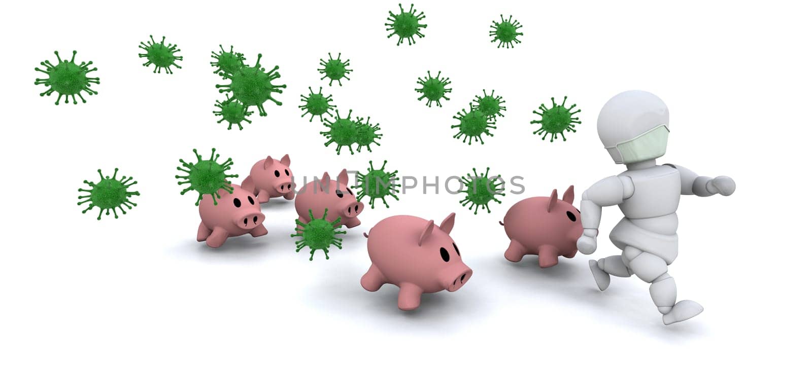 3d render of a man in mask surrounded by bacteria