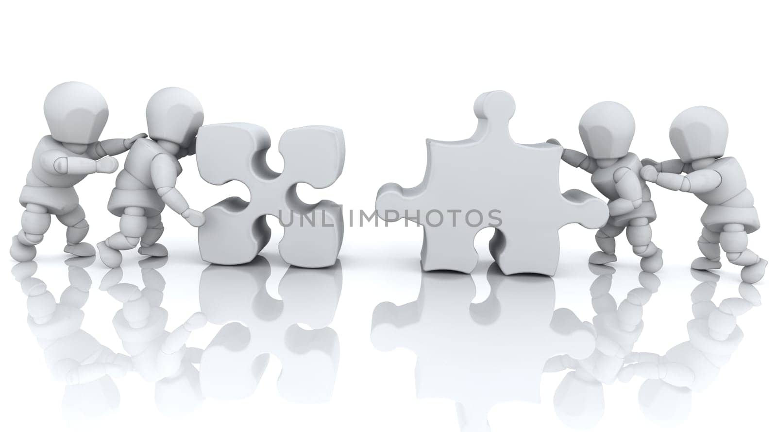 3D render of men solving jigsaw puzzles