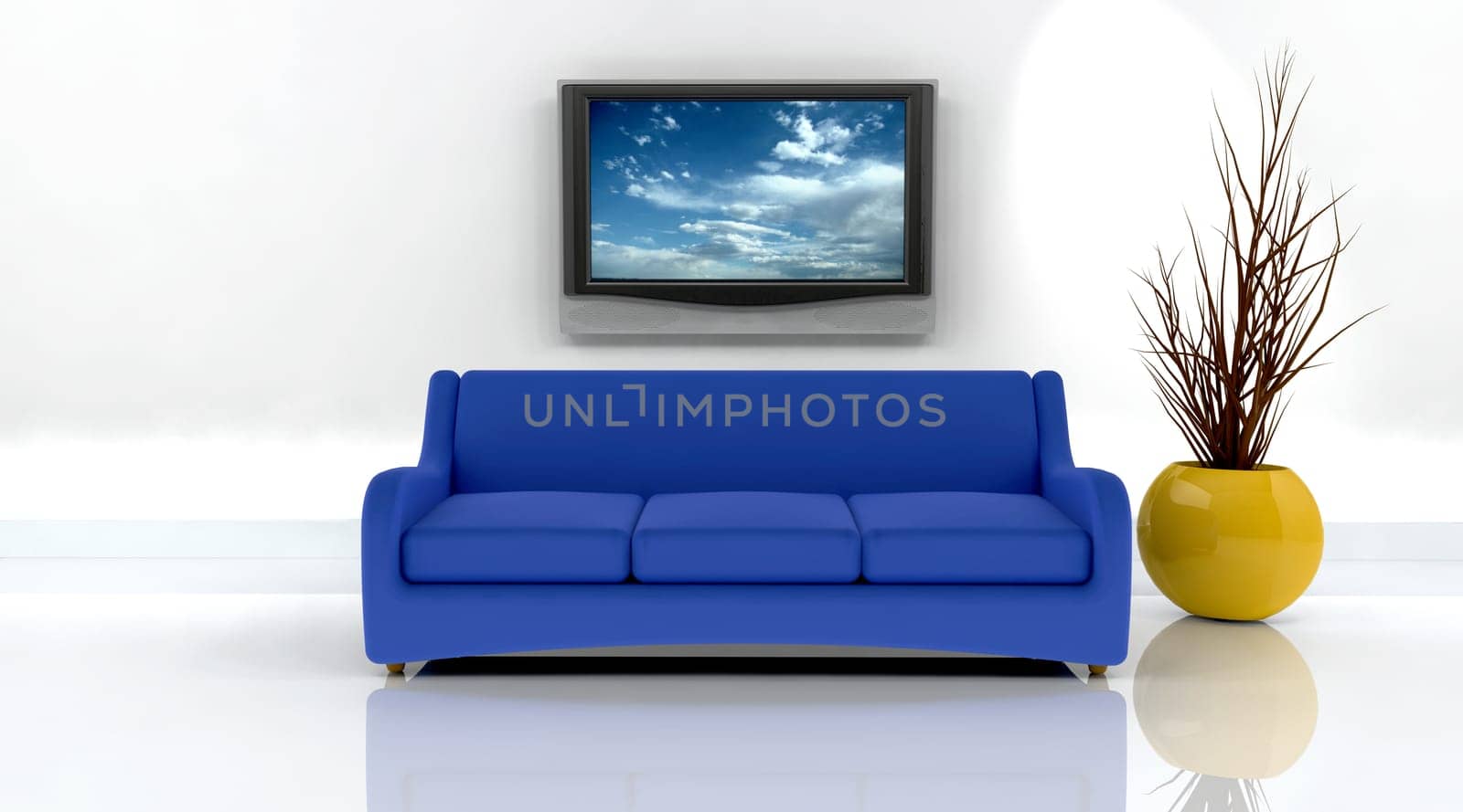3d render of sofa and television on the wall