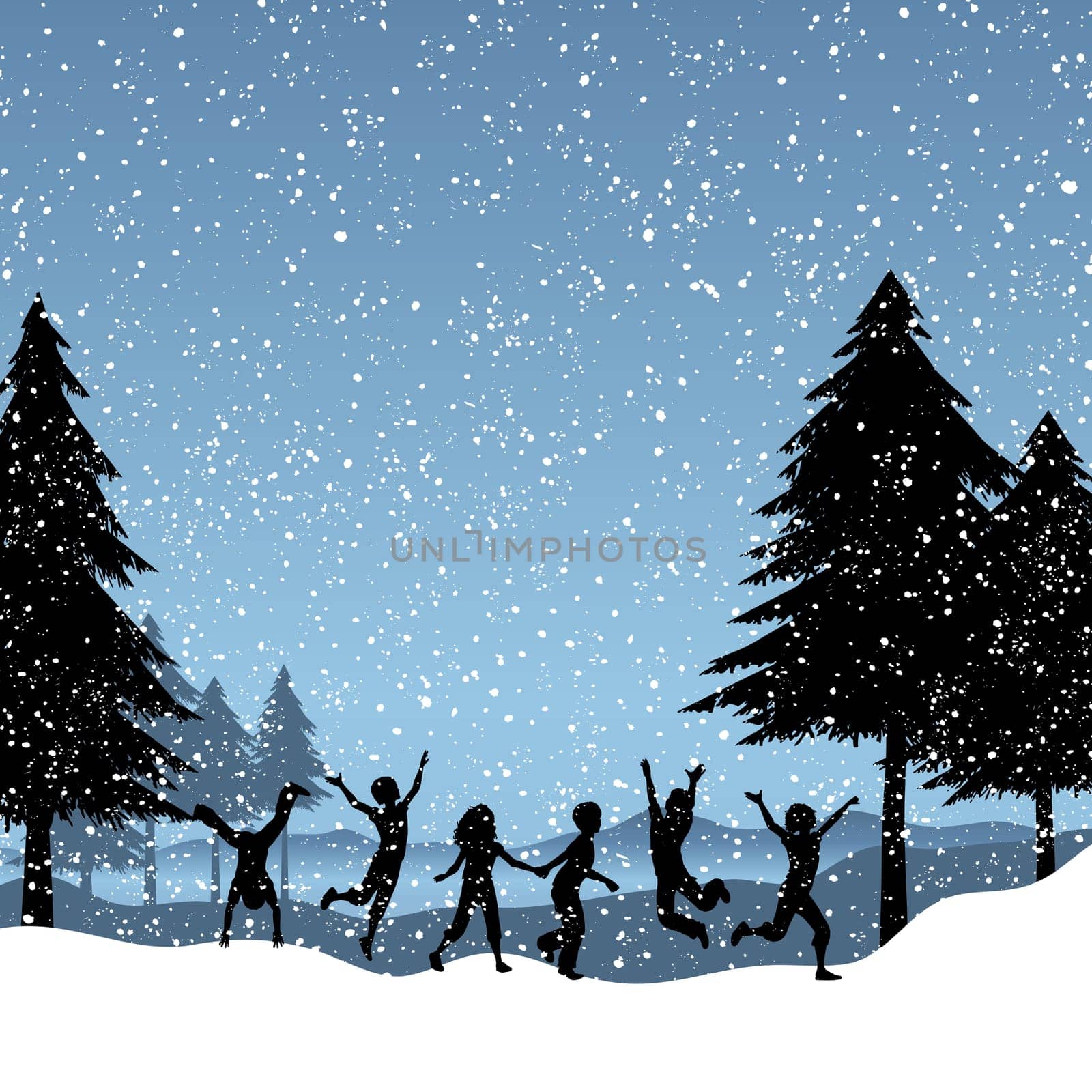 Silhouettes of children playing in the snow