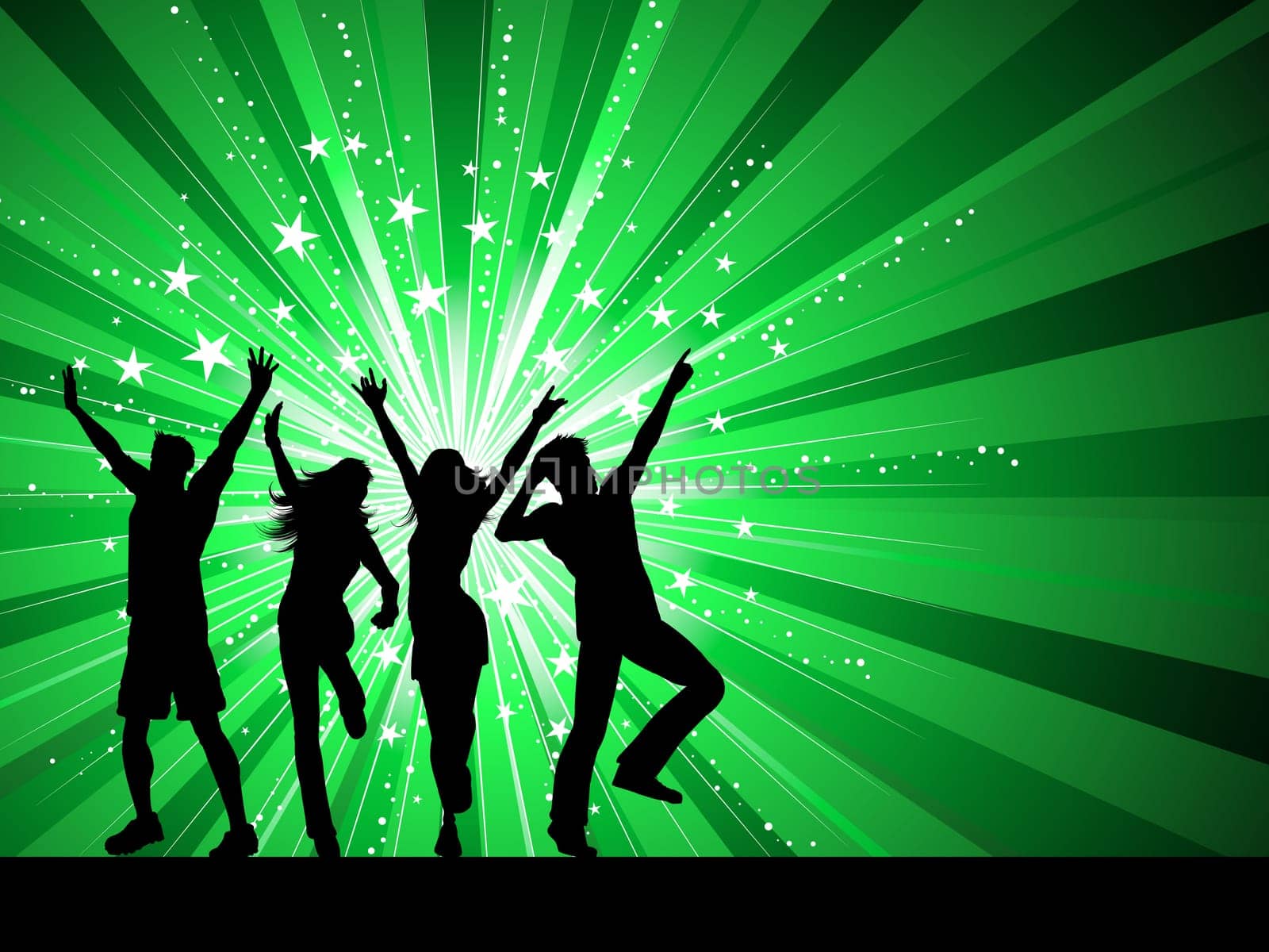 Silhouettes of people dancing on starburst background