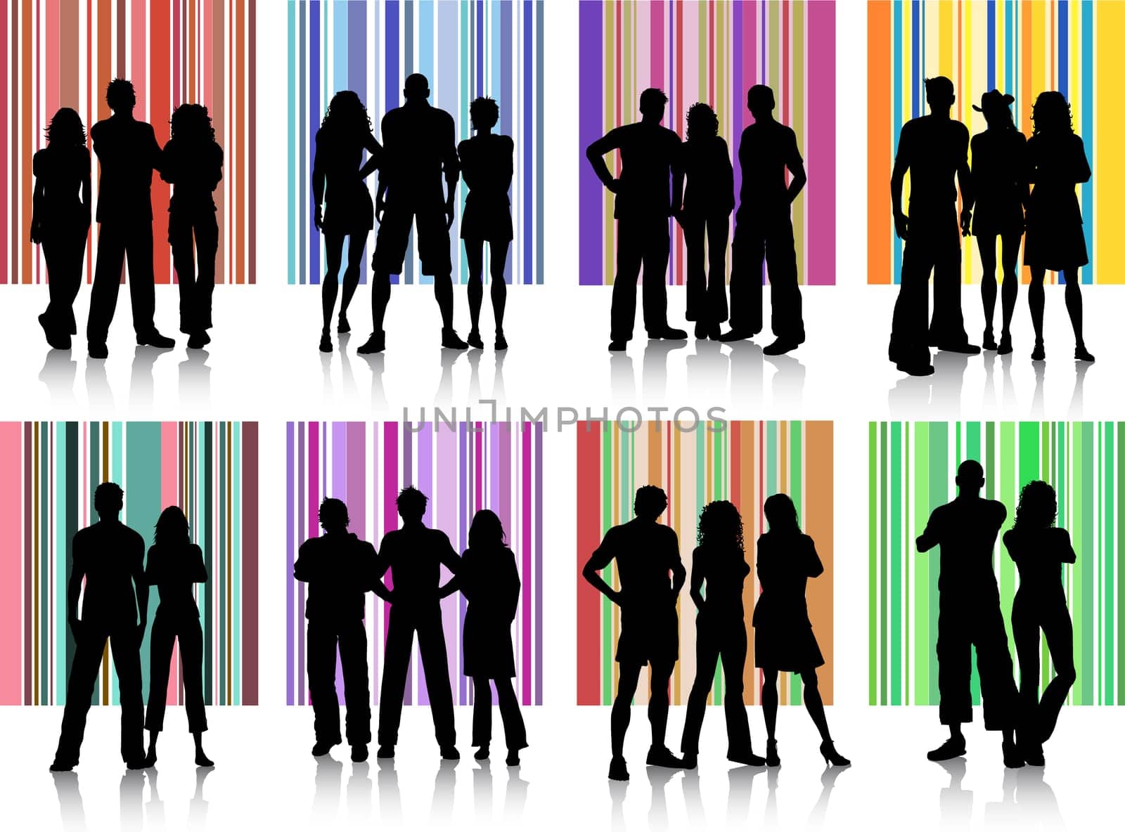 Silhouettes of various groups of people on retro backgrounds