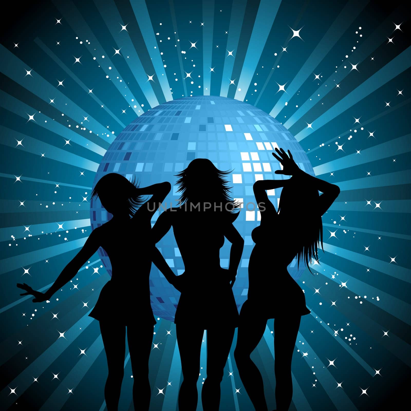 Silhouettes of sexy females on mirror ball background