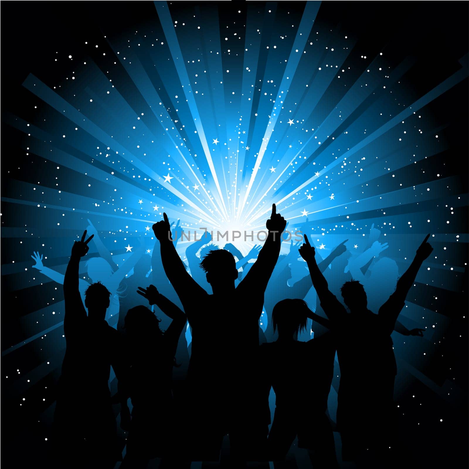 Silhouettes of people dancing on starburst background
