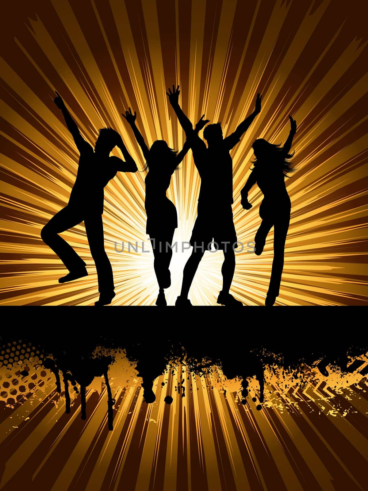 Silhouettes of people dancing on grunge starburst background