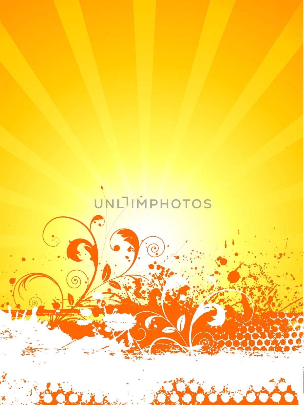 Floral grunge background on sun burst background