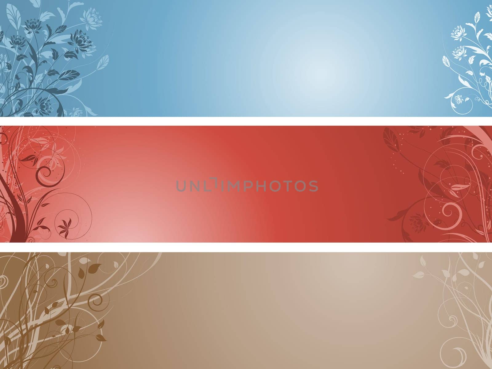 Three different coloured floral panels
