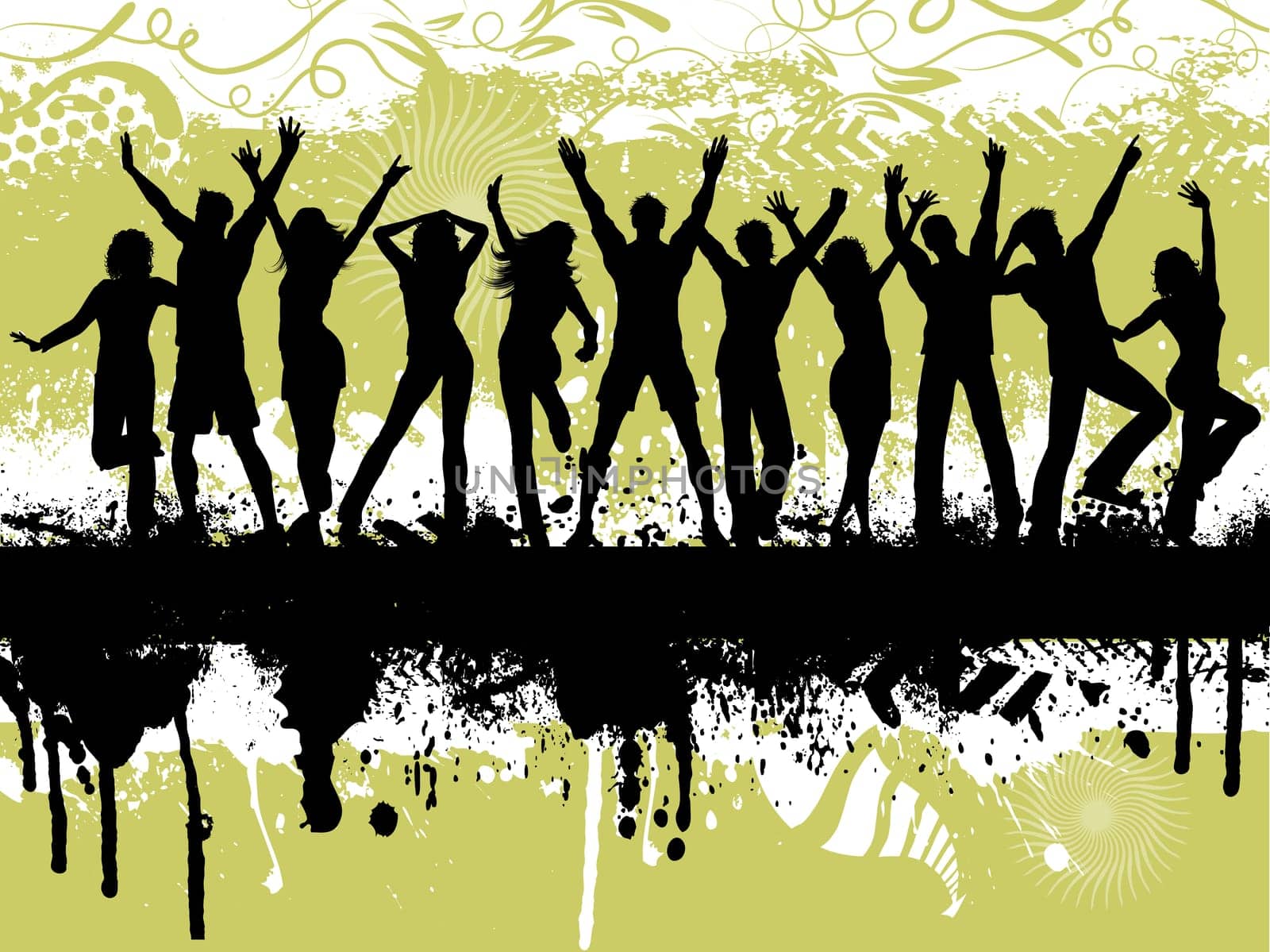Silhouettes of people dancing on grunge background
