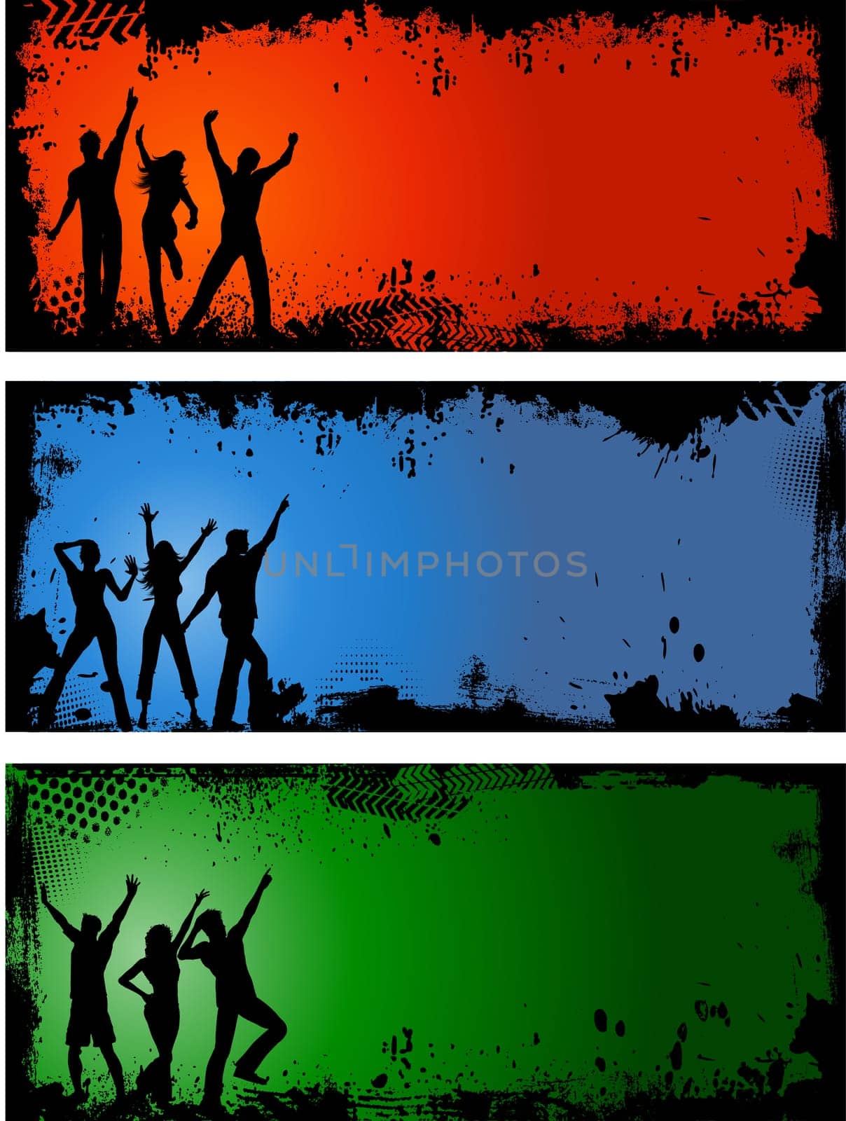 Silhouettes of people dancing on grunge style backgrounds