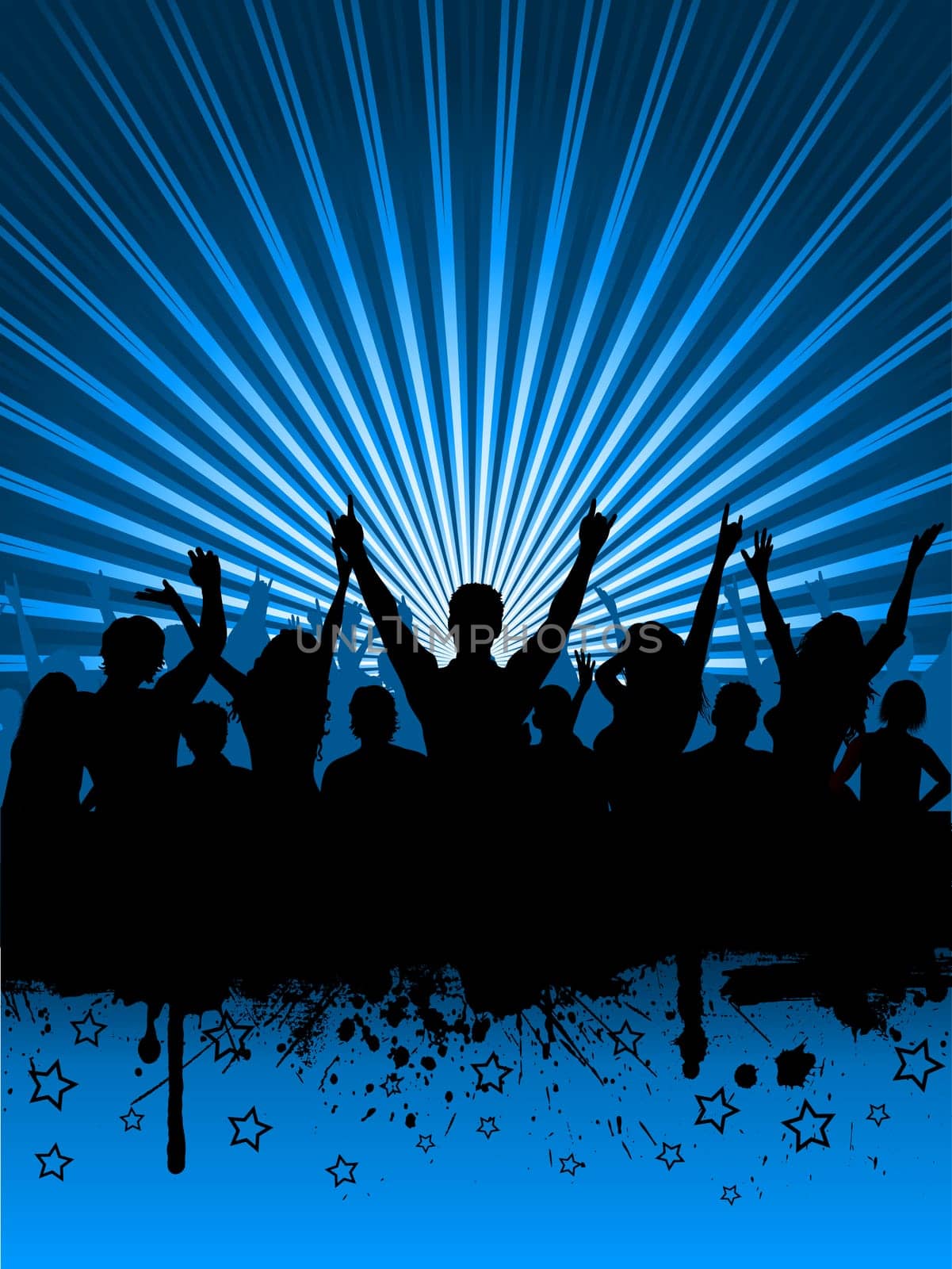 Silhouettes of an excited audience on grunge starburst