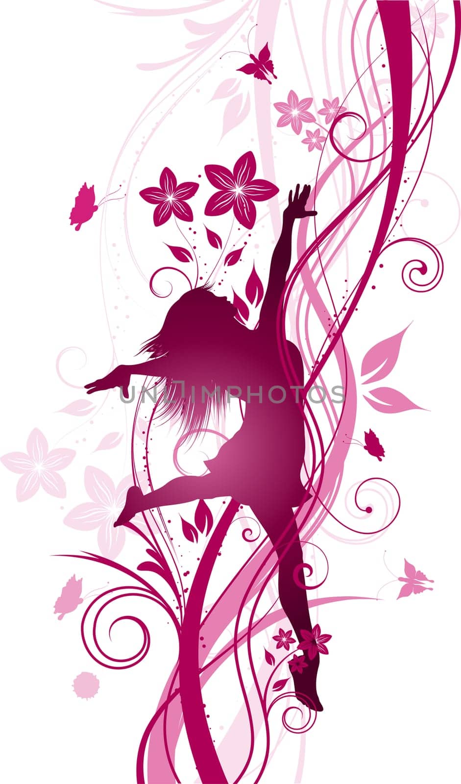 Silhouette of a jumping female on a floral background