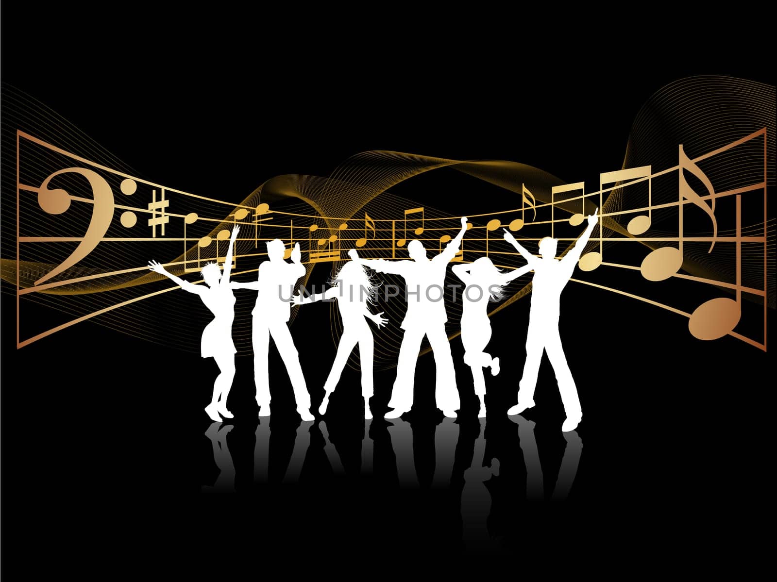 Silhouettes of people dancing on music background
