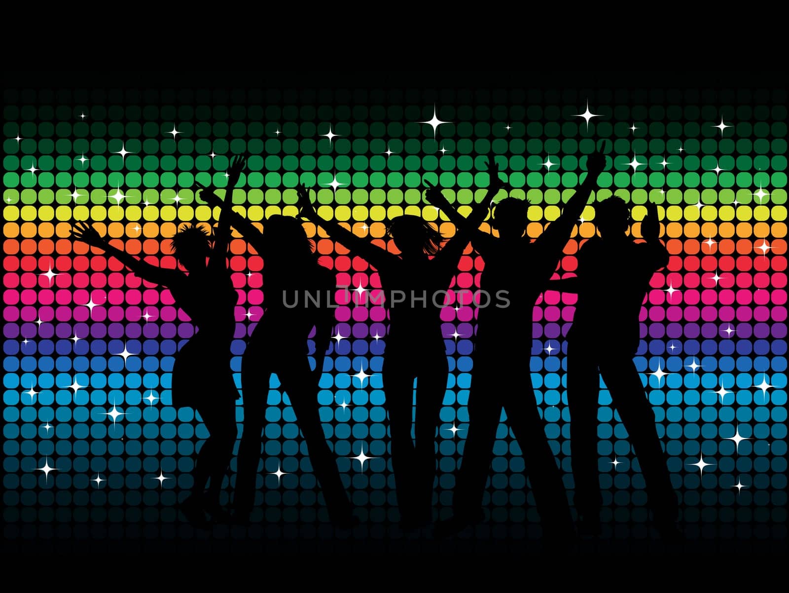 Silhouettes of people dancing on disco background