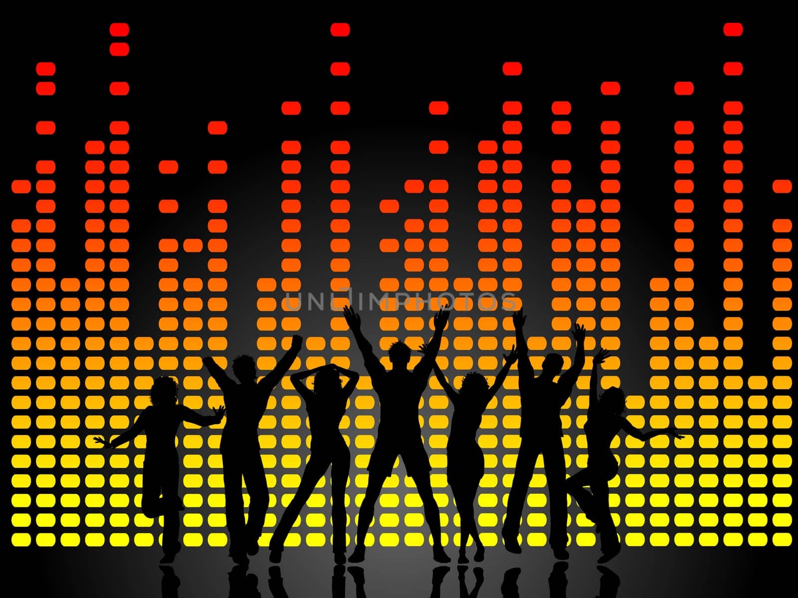 Silhouettes of people dancing on graphic equaliser background