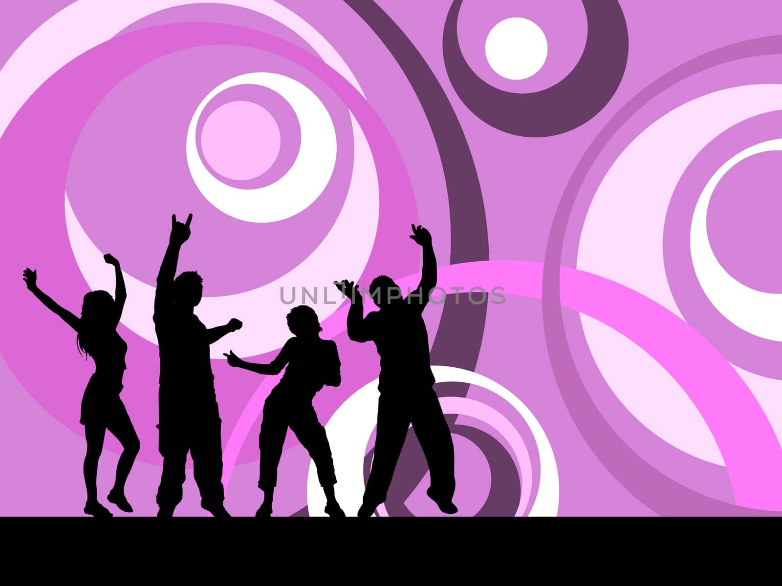 Silhouettes of people dancing on a retro styled abstract background
