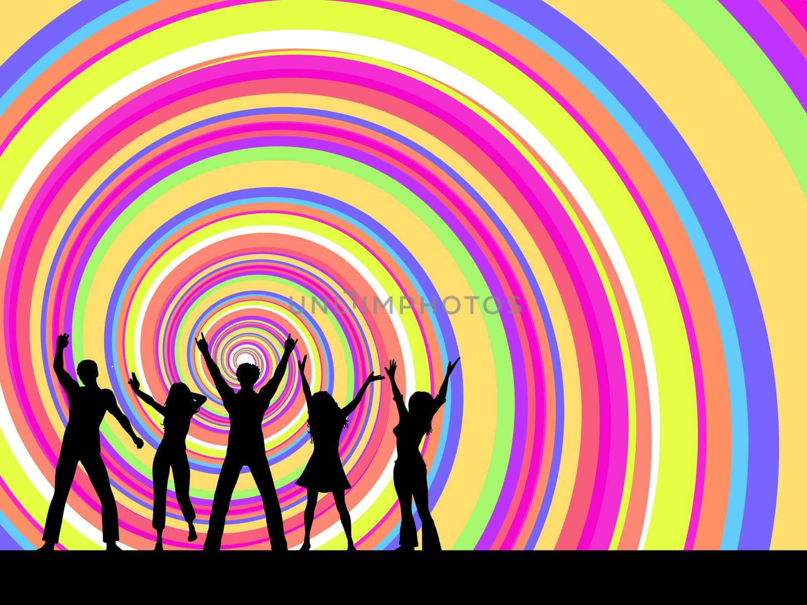 Silhouettes of people dancing on brightly coloured swirl background