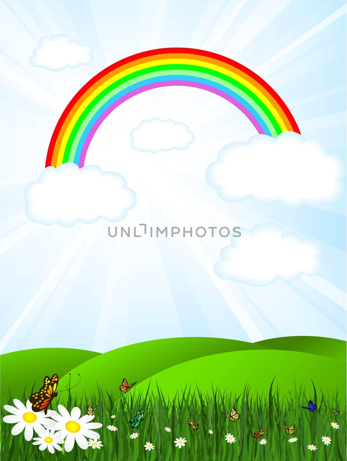 Sunny landscape with rainbow sky and butterflies